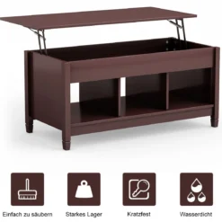 Couchtisch höhenverstellbar Hölzerner Sofatisch mit hebeplatte Stauraum 104,5 x 49 x 48-62,5 cm Dunkelbraun