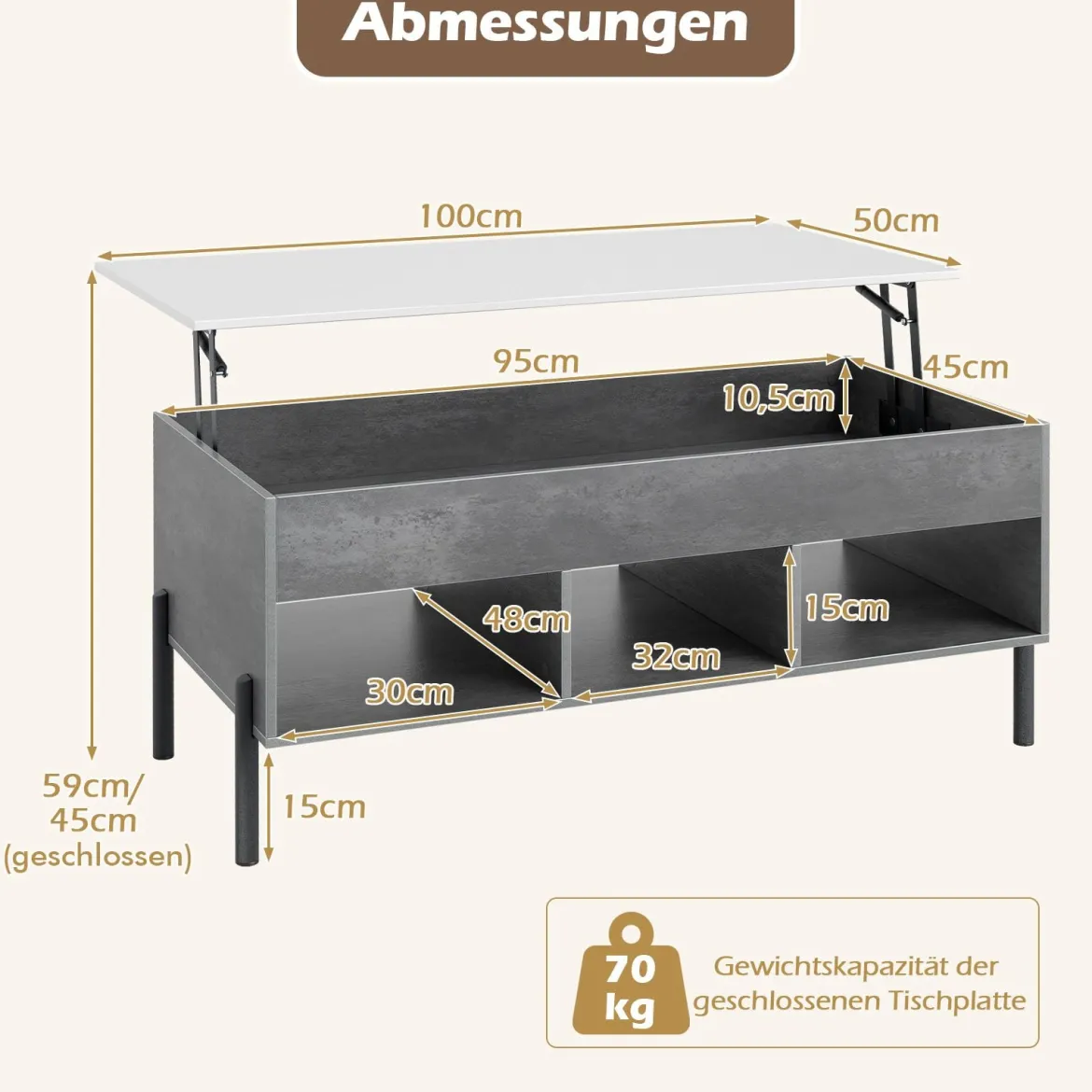 Couchtisch höhenverstellbar Kaffeetisch mit anhebbarer Tischplatte 3 offenen Fachen Grau 100 x 50 x 45/59 cm