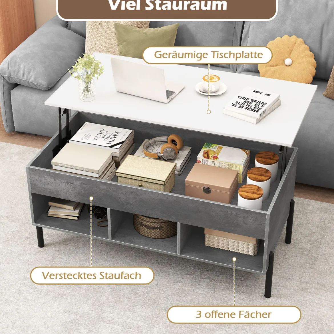 Couchtisch höhenverstellbar Kaffeetisch mit anhebbarer Tischplatte 3 offenen Fachen Grau 100 x 50 x 45/59 cm