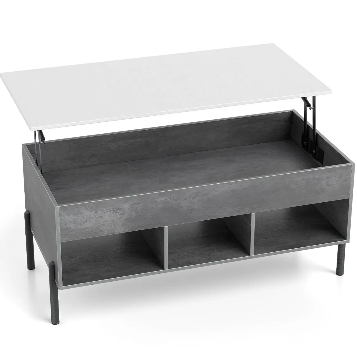 Couchtisch höhenverstellbar Kaffeetisch mit anhebbarer Tischplatte 3 offenen Fachen Grau 100 x 50 x 45/59 cm