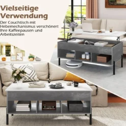 Couchtisch höhenverstellbar Kaffeetisch mit anhebbarer Tischplatte 3 offenen Fachen Grau 100 x 50 x 45/59 cm