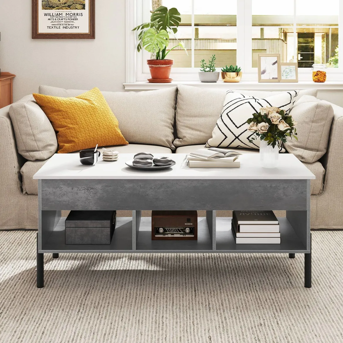 Couchtisch höhenverstellbar Kaffeetisch mit anhebbarer Tischplatte 3 offenen Fachen Grau 100 x 50 x 45/59 cm