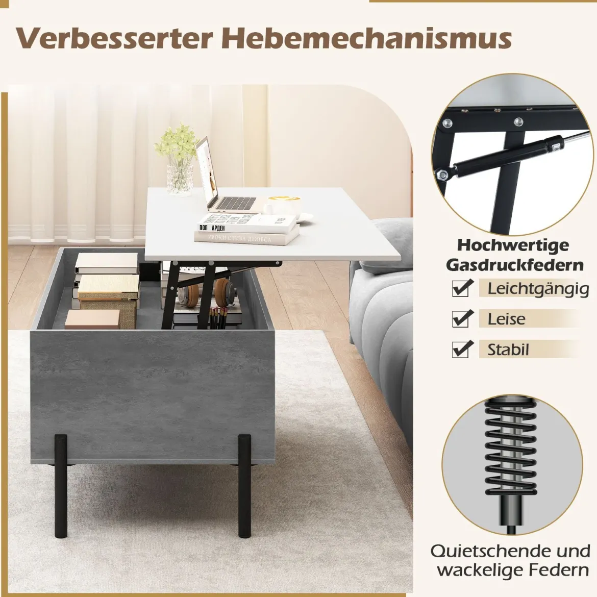 Couchtisch höhenverstellbar Kaffeetisch mit anhebbarer Tischplatte 3 offenen Fachen Grau 100 x 50 x 45/59 cm