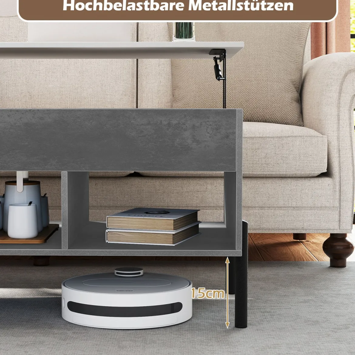 Couchtisch höhenverstellbar Kaffeetisch mit anhebbarer Tischplatte 3 offenen Fachen Grau 100 x 50 x 45/59 cm