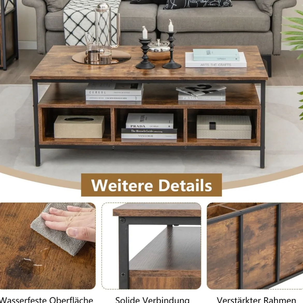 Couchtisch Holz 3 Ebenen Wohnzimmertisch mit offenem Regal 105 x 60 x 45 cm im Industriestil