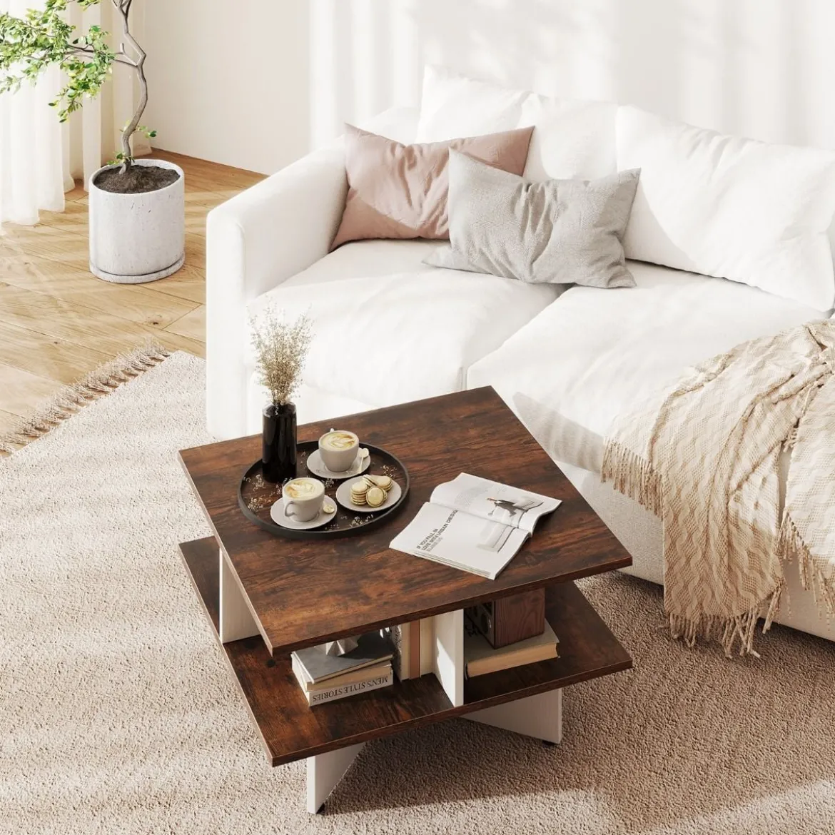 Couchtisch Holz Quadratischer Wohnzimmertisch mit 4 Ablagefächern Rustikales Braun und Weiß
