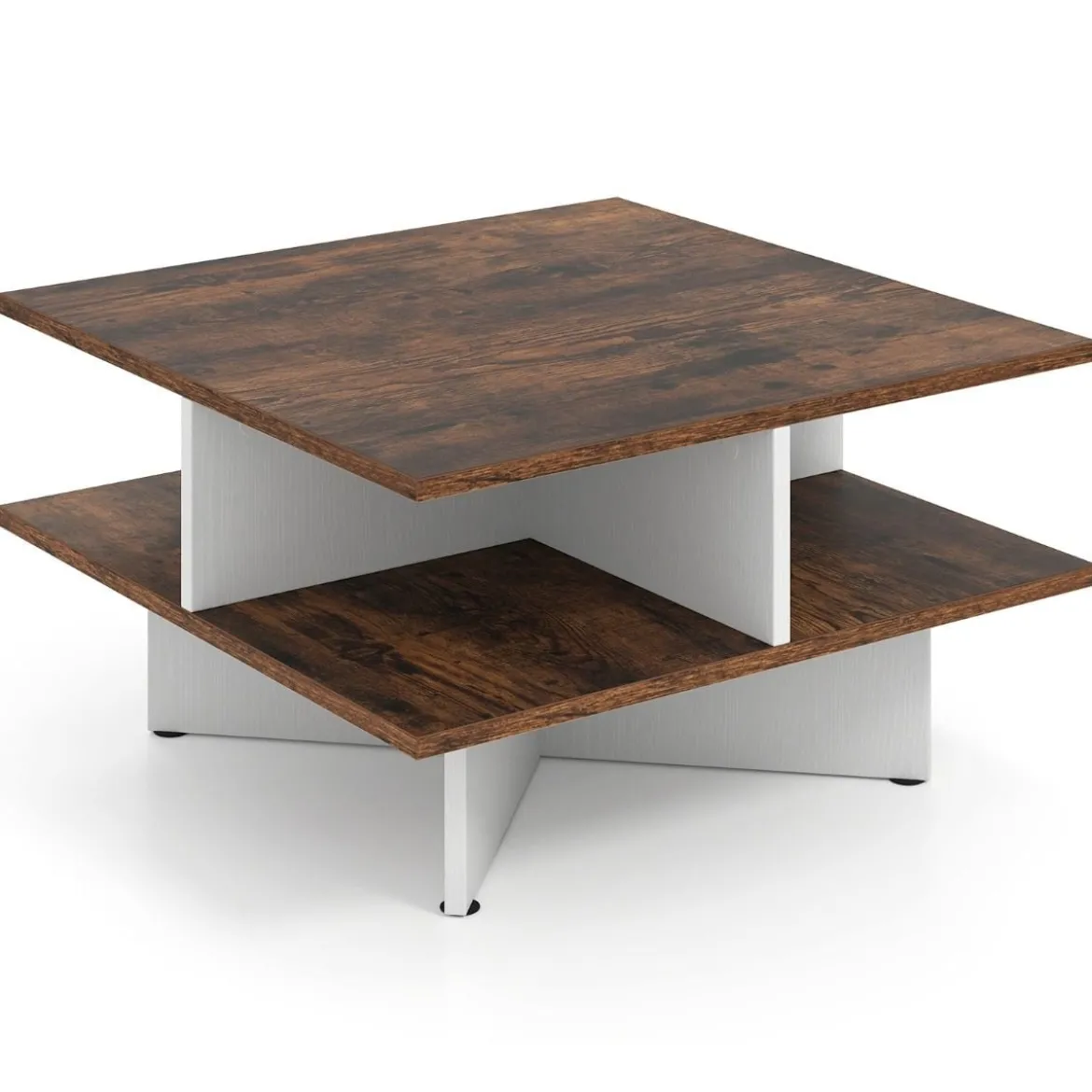 Couchtisch Holz Quadratischer Wohnzimmertisch mit 4 Ablagefächern Rustikales Braun und Weiß