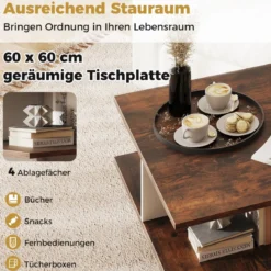 Couchtisch Holz Quadratischer Wohnzimmertisch mit 4 Ablagefächern Rustikales Braun und Weiß