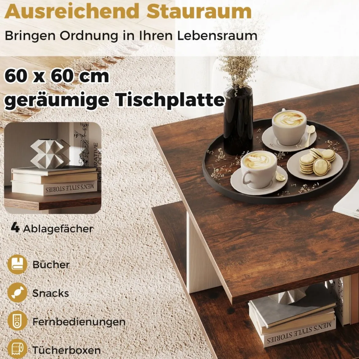 Couchtisch Holz Quadratischer Wohnzimmertisch mit 4 Ablagefächern Rustikales Braun und Weiß