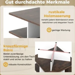 Couchtisch Holz Quadratischer Wohnzimmertisch mit 4 Ablagefächern Rustikales Braun und Weiß