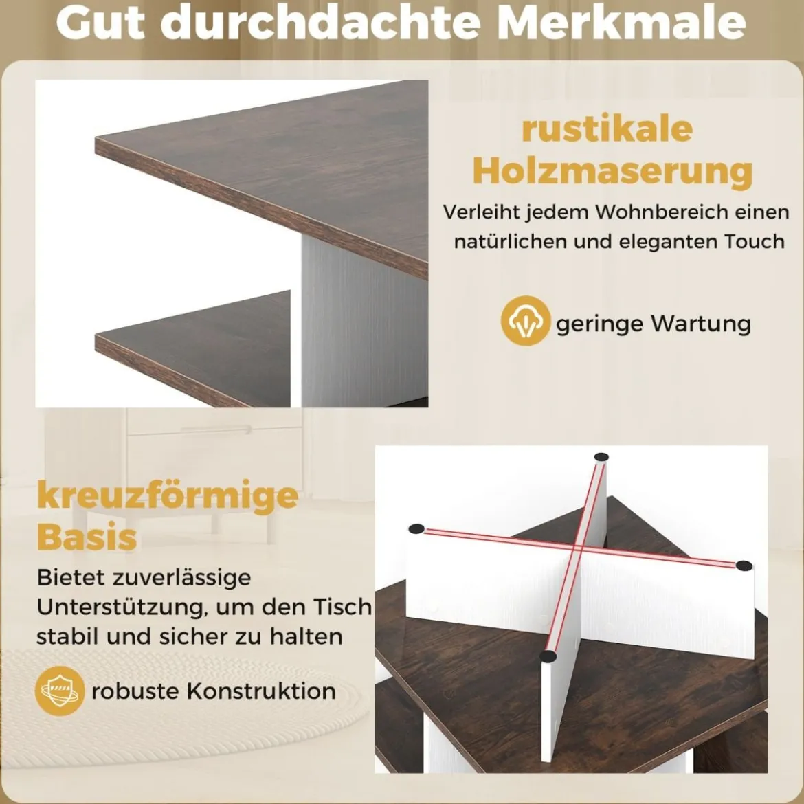 Couchtisch Holz Quadratischer Wohnzimmertisch mit 4 Ablagefächern Rustikales Braun und Weiß