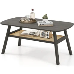 Couchtisch Holz Wohnzimmertisch mit Rattan-Ablage Beistelltisch 2 Ebenen Kaffeetisch rustikal 100 x 55 x 44,5 cm