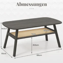 Couchtisch Holz Wohnzimmertisch mit Rattan-Ablage Beistelltisch 2 Ebenen Kaffeetisch rustikal 100 x 55 x 44,5 cm