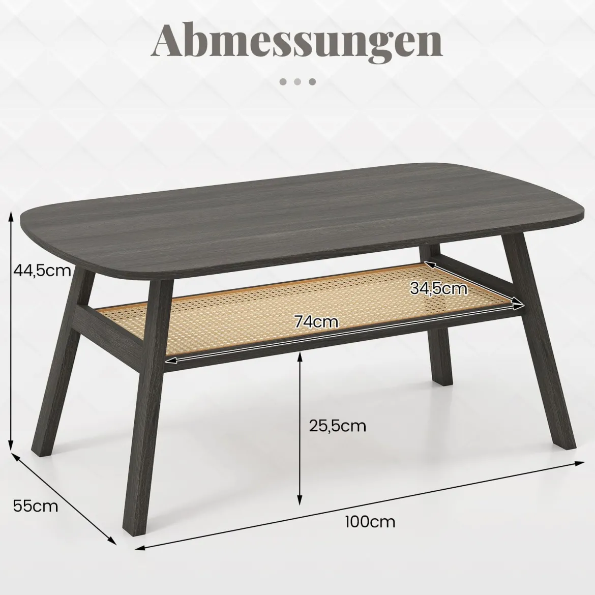 Couchtisch Holz Wohnzimmertisch mit Rattan-Ablage Beistelltisch 2 Ebenen Kaffeetisch rustikal 100 x 55 x 44,5 cm
