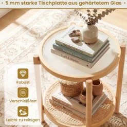Couchtisch im Boho Stil mit Glasplatte & Rattanablage Beistelltisch 47,5 x 47,5 x 58 cm Natur