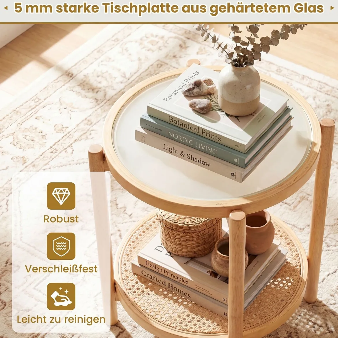 Couchtisch im Boho Stil mit Glasplatte & Rattanablage Beistelltisch 47,5 x 47,5 x 58 cm Natur