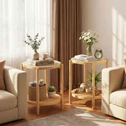 Couchtisch im Boho Stil mit Glasplatte & Rattanablage Beistelltisch 47,5 x 47,5 x 58 cm Natur