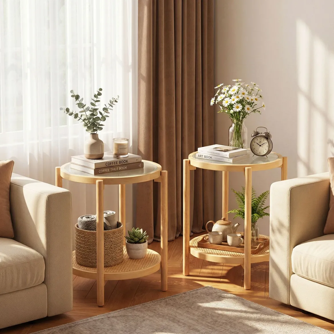 Couchtisch im Boho Stil mit Glasplatte & Rattanablage Beistelltisch 47,5 x 47,5 x 58 cm Natur
