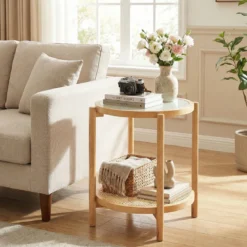 Couchtisch im Boho Stil mit Glasplatte & Rattanablage Beistelltisch 47,5 x 47,5 x 58 cm Natur