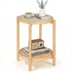 Couchtisch im Boho Stil mit Glasplatte & Rattanablage Beistelltisch 47,5 x 47,5 x 58 cm Natur
