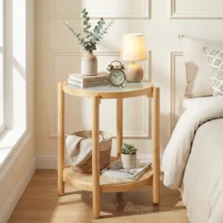 Couchtisch im Boho Stil mit Glasplatte & Rattanablage Beistelltisch 47,5 x 47,5 x 58 cm Natur