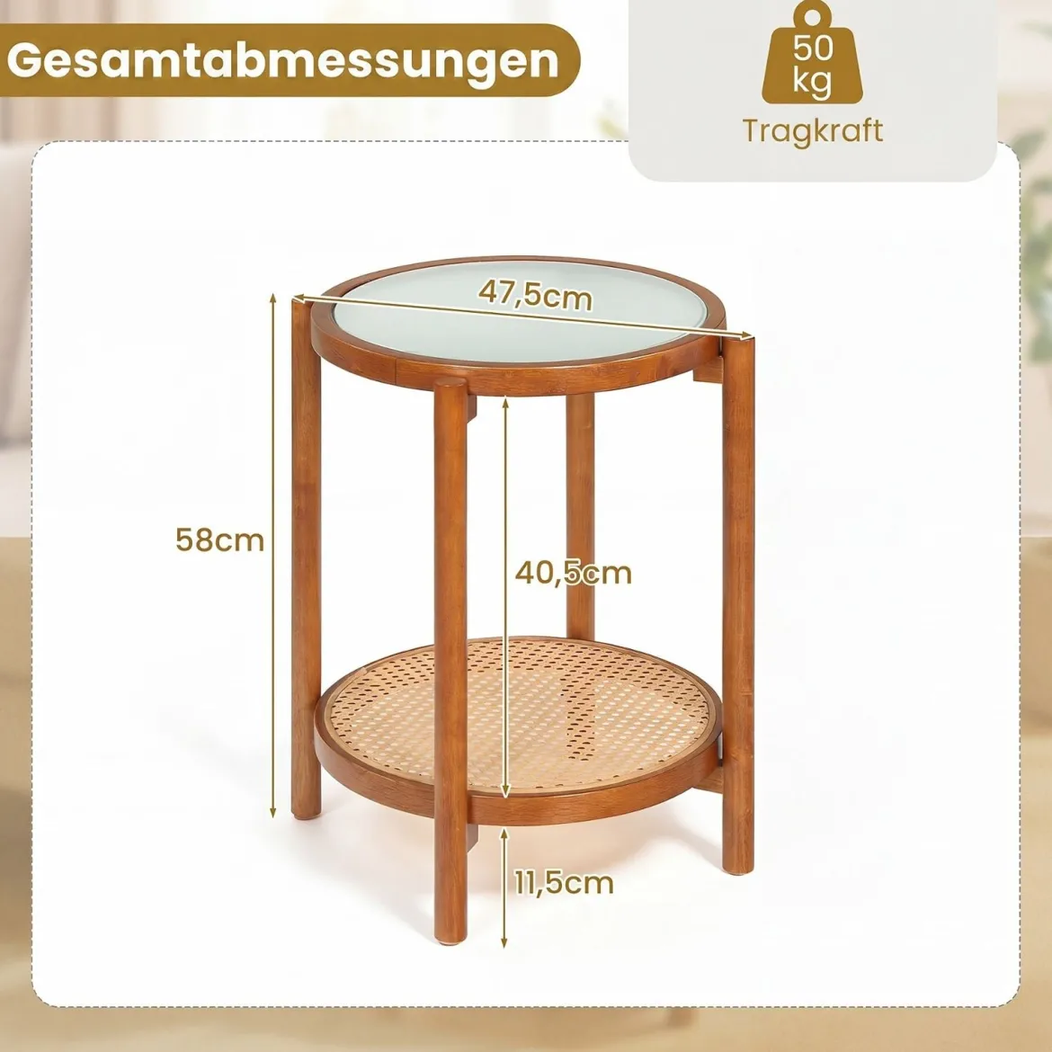Couchtisch im Boho Stil mit Glasplatte & Rattanablage Beistelltisch 47,5 x 47,5 x 58 cm Walnuss