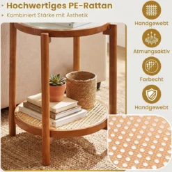 Couchtisch im Boho Stil mit Glasplatte & Rattanablage Beistelltisch 47,5 x 47,5 x 58 cm Walnuss