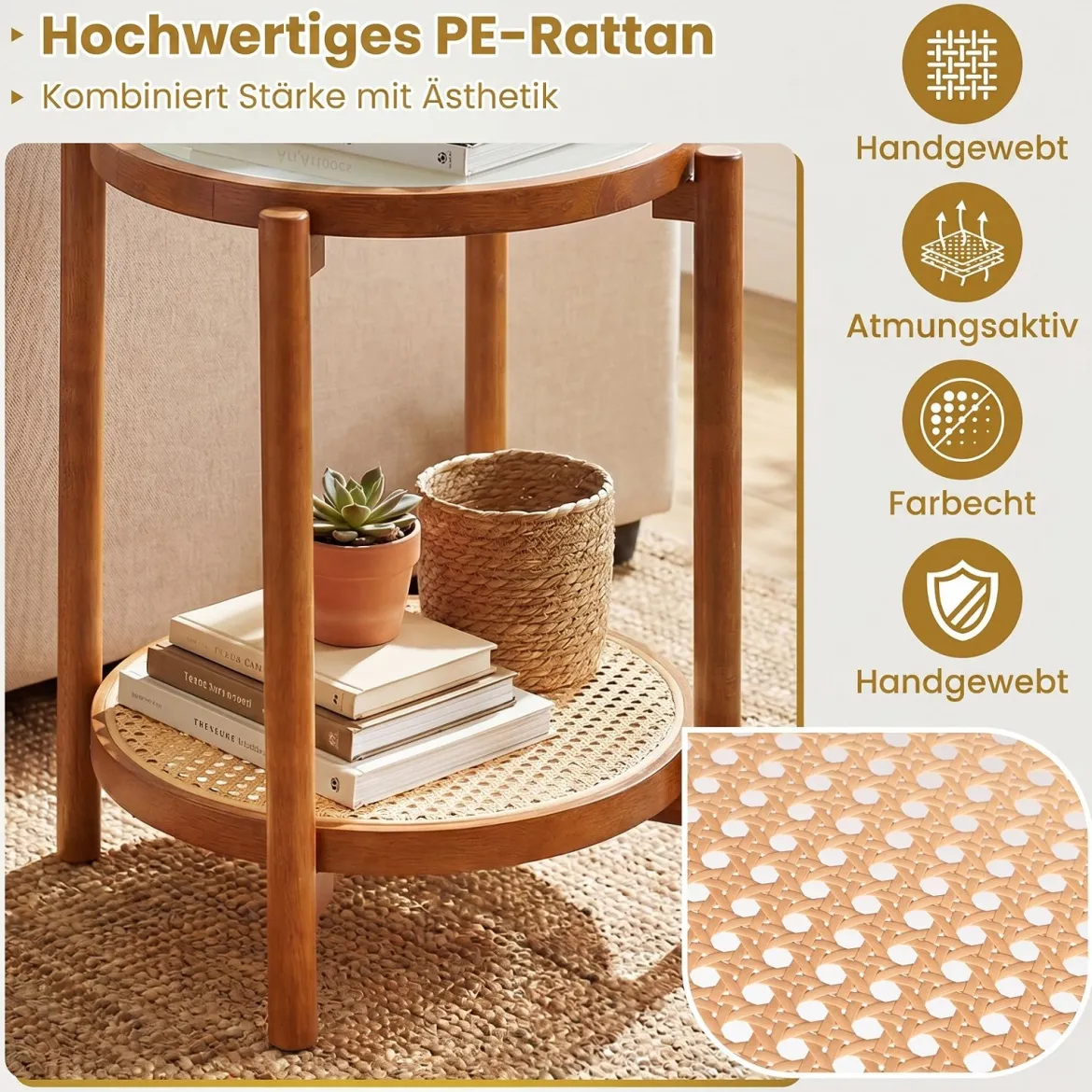 Couchtisch im Boho Stil mit Glasplatte & Rattanablage Beistelltisch 47,5 x 47,5 x 58 cm Walnuss