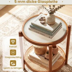 Couchtisch im Boho Stil mit Glasplatte & Rattanablage Beistelltisch 47,5 x 47,5 x 58 cm Walnuss