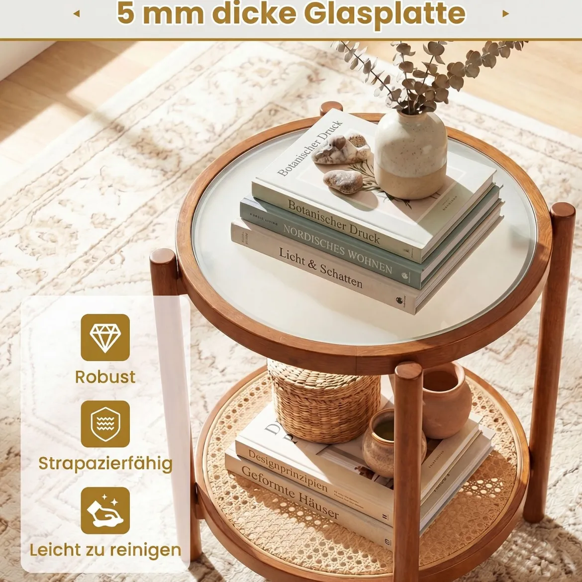 Couchtisch im Boho Stil mit Glasplatte & Rattanablage Beistelltisch 47,5 x 47,5 x 58 cm Walnuss