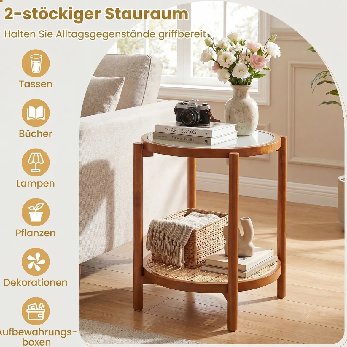 Couchtisch im Boho Stil mit Glasplatte & Rattanablage Beistelltisch 47,5 x 47,5 x 58 cm Walnuss