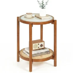 Couchtisch im Boho Stil mit Glasplatte & Rattanablage Beistelltisch 47,5 x 47,5 x 58 cm Walnuss