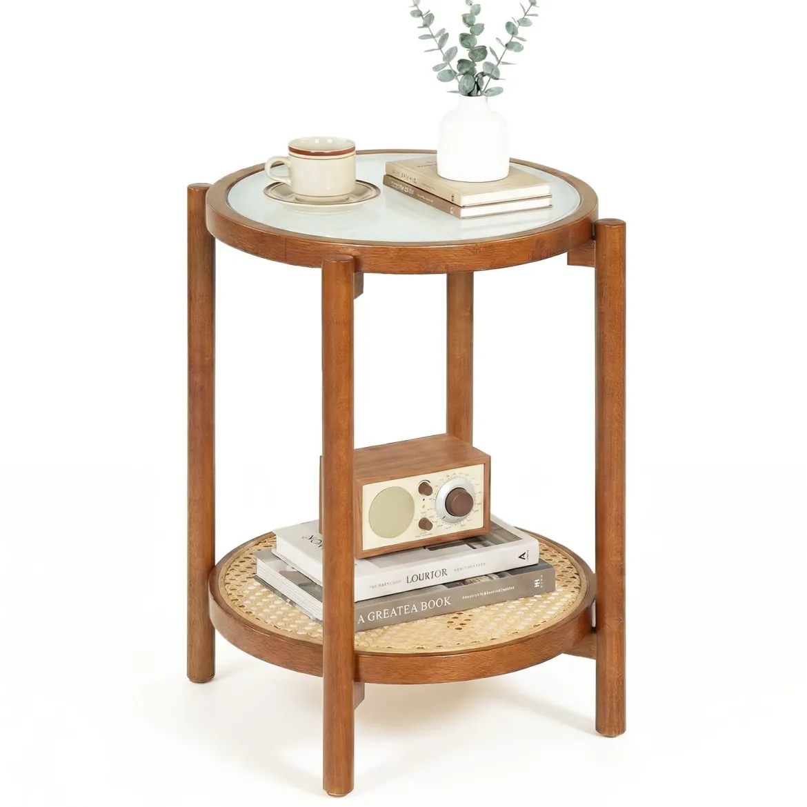 Couchtisch im Boho Stil mit Glasplatte & Rattanablage Beistelltisch 47,5 x 47,5 x 58 cm Walnuss