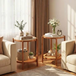 Couchtisch im Boho Stil mit Glasplatte & Rattanablage Beistelltisch 47,5 x 47,5 x 58 cm Walnuss