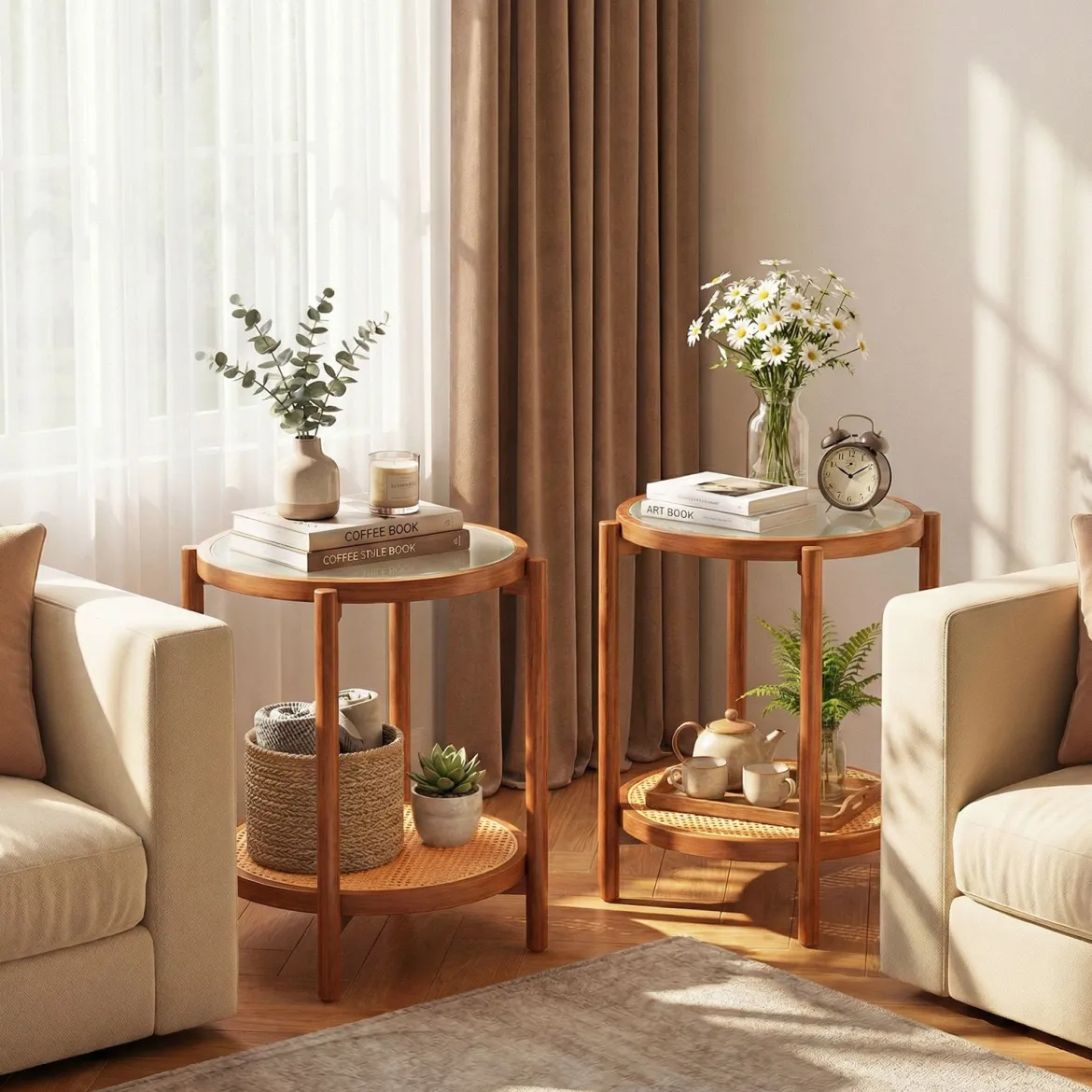 Couchtisch im Boho Stil mit Glasplatte & Rattanablage Beistelltisch 47,5 x 47,5 x 58 cm Walnuss