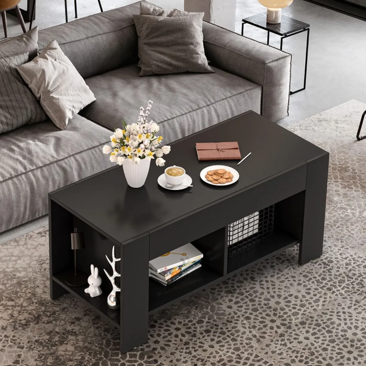 Couchtisch Kaffeetisch Beistelltisch mit 5 Füßen 90 x 39 x 42 cm MDF Schwarz