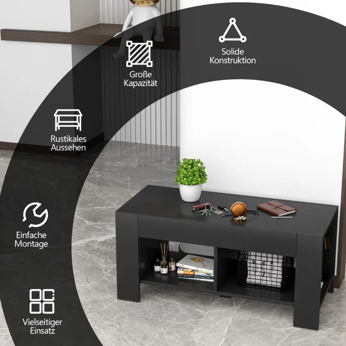 Couchtisch Kaffeetisch Beistelltisch mit 5 Füßen 90 x 39 x 42 cm MDF Schwarz