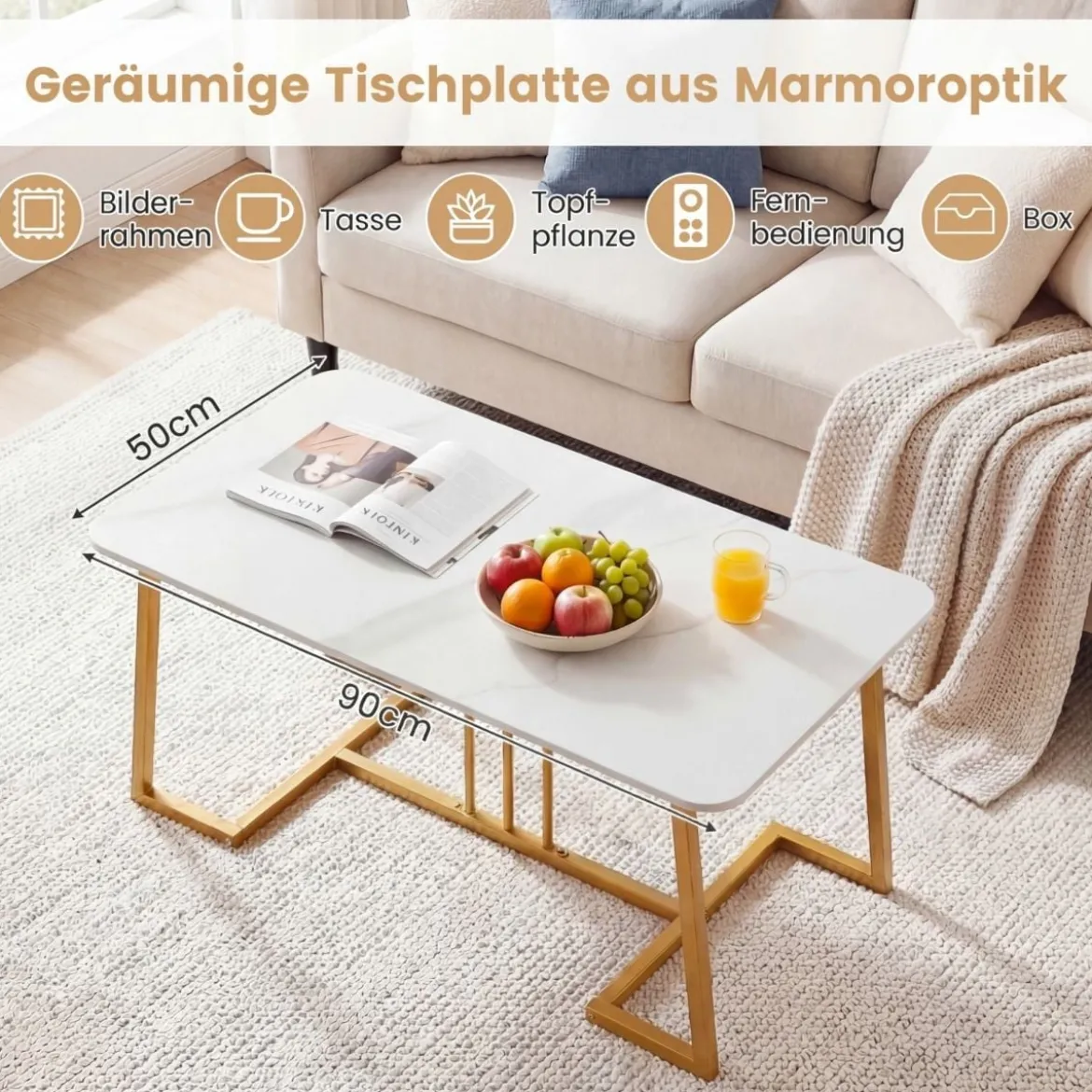 Couchtisch Kunstmarmor 90 cm Metallrahmen Rutschfest Modern Beistelltisch Weiß Gold