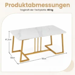 Couchtisch Kunstmarmor 90 cm Metallrahmen Rutschfest Modern Beistelltisch Weiß Gold