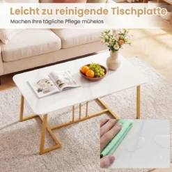 Couchtisch Kunstmarmor 90 cm Metallrahmen Rutschfest Modern Beistelltisch Weiß Gold