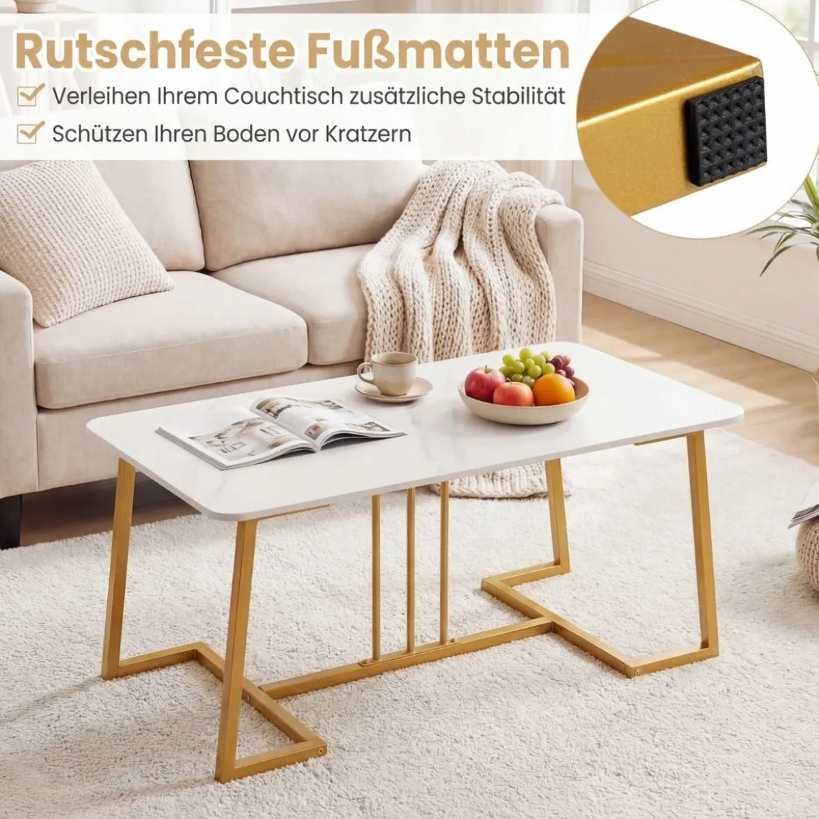 Couchtisch Kunstmarmor 90 cm Metallrahmen Rutschfest Modern Beistelltisch Weiß Gold