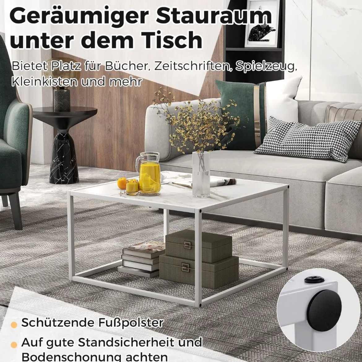 Couchtisch Marmor Optik rechteckiger Kaffeetisch mit Metallrahmen 70 x 70 x 40 cm Weiß