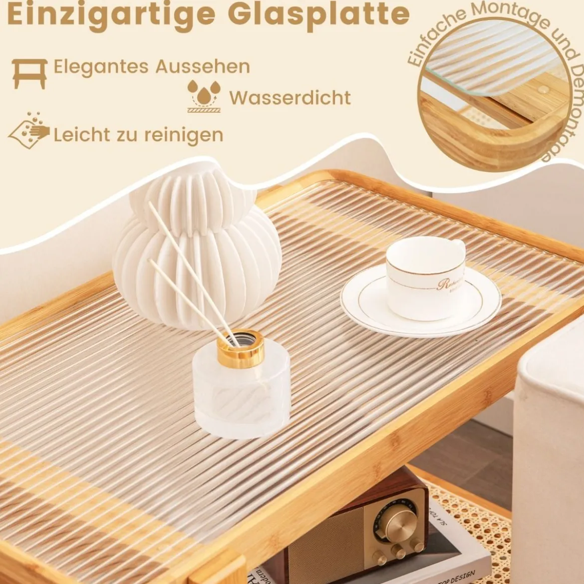 Couchtisch mit Abnehmbarer Glasplatte & Rattanablage Kaffeetisch mit Gestell aus Bambus