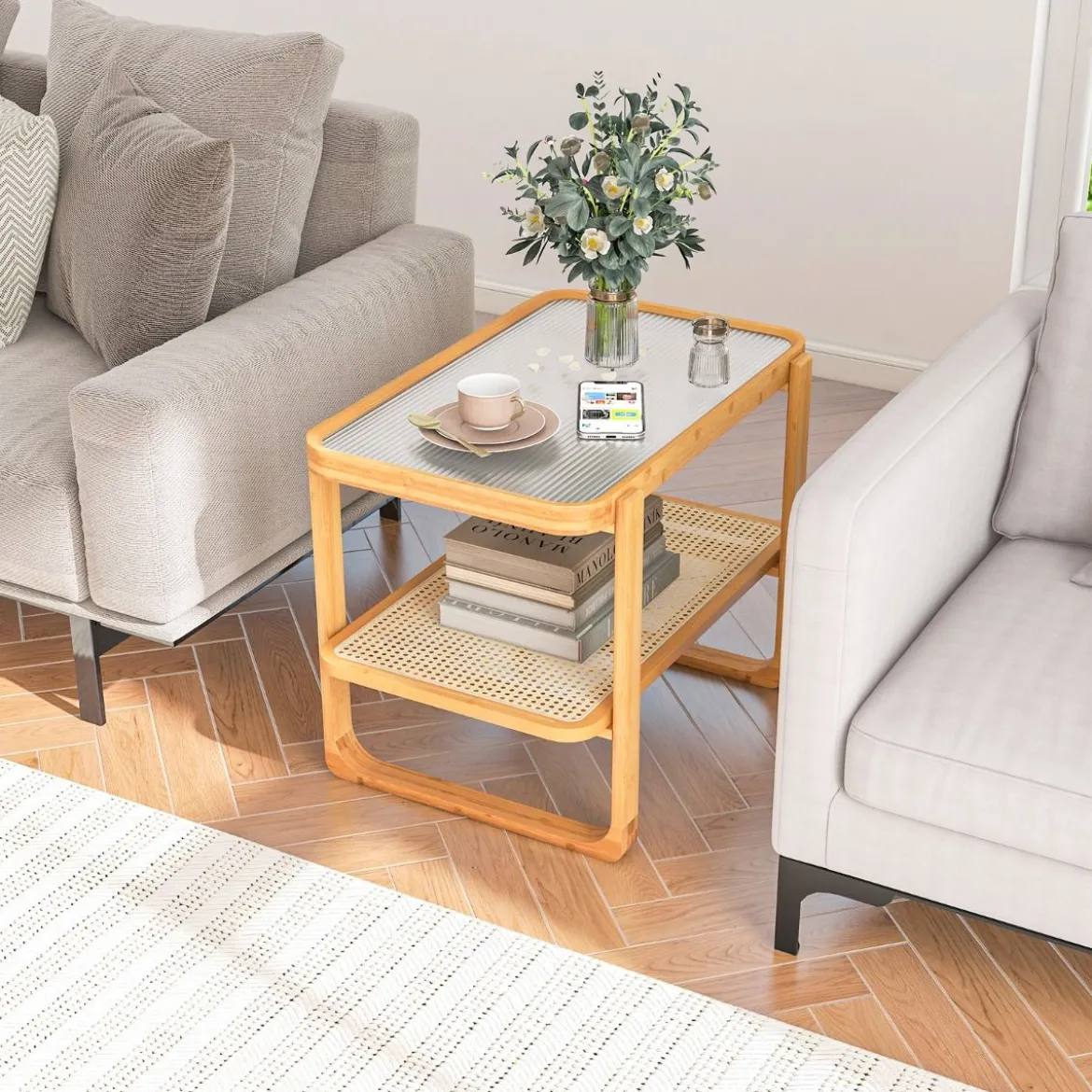 Couchtisch mit Abnehmbarer Glasplatte & Rattanablage Kaffeetisch mit Gestell aus Bambus