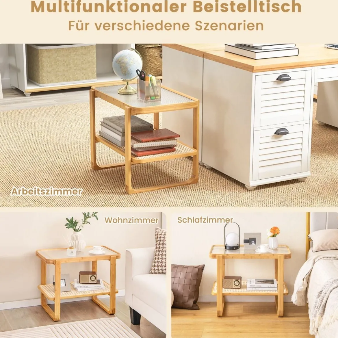 Couchtisch mit Abnehmbarer Glasplatte & Rattanablage Kaffeetisch mit Gestell aus Bambus
