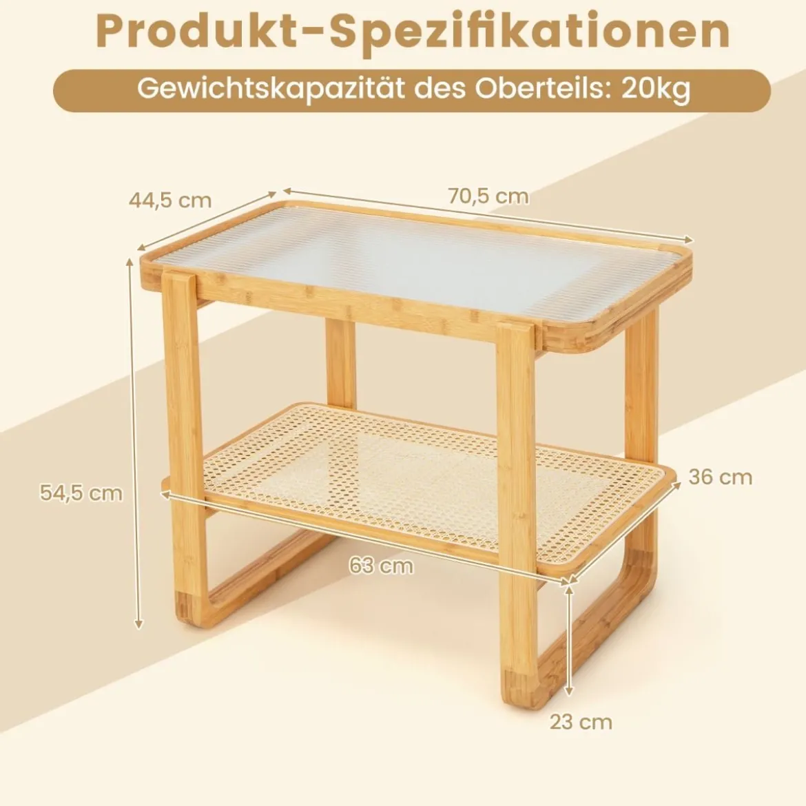 Couchtisch mit Abnehmbarer Glasplatte & Rattanablage Kaffeetisch mit Gestell aus Bambus