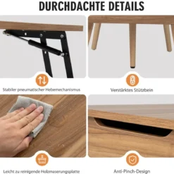 Couchtisch mit Anhebbarer Tischplatte Sofatisch mit Pneumatischen Stangen 120 x 49 x 42 cm Braun 5-Bein-Unterstützung