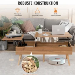 Couchtisch mit Anhebbarer Tischplatte Sofatisch mit Pneumatischen Stangen 120 x 49 x 42 cm Braun 5-Bein-Unterstützung