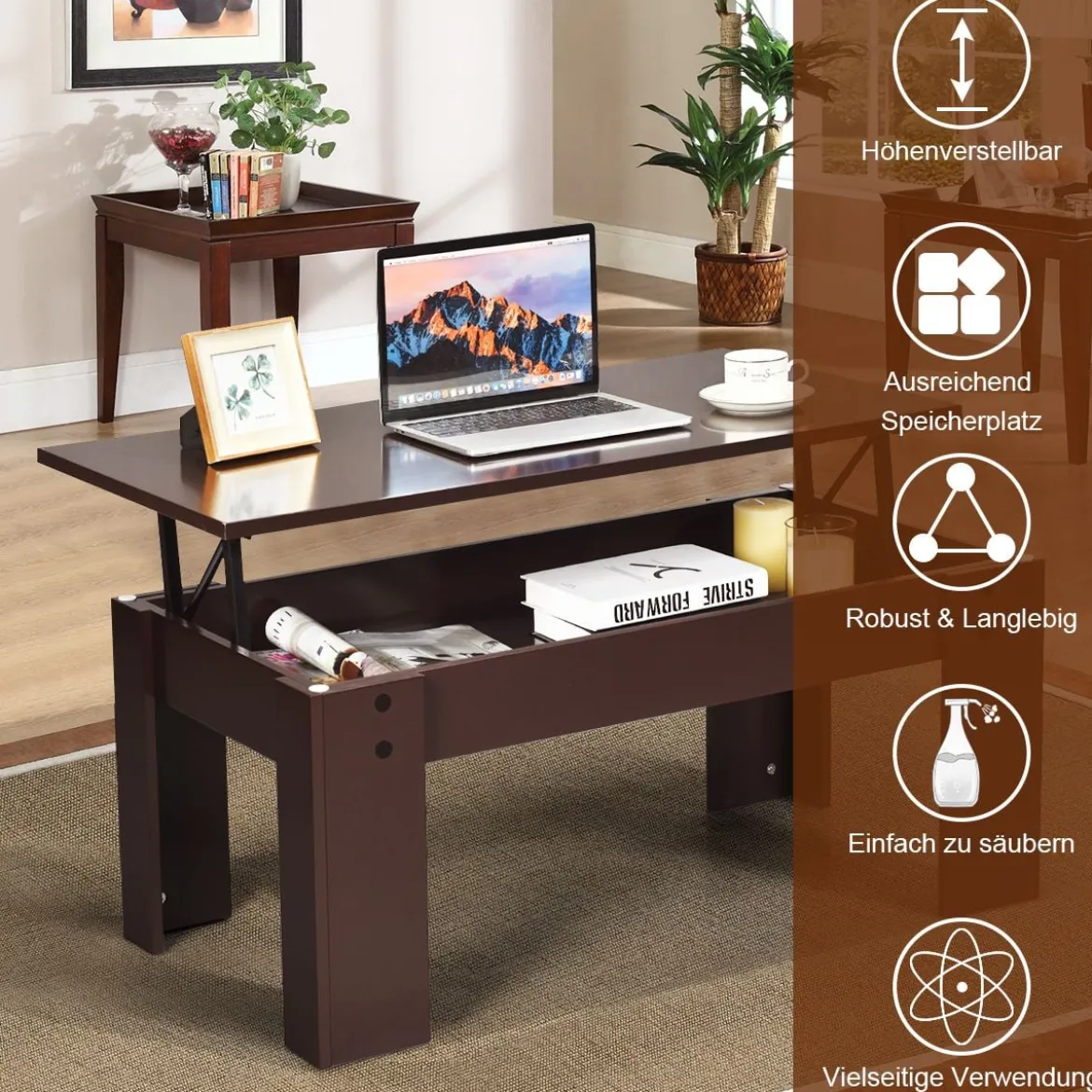 Couchtisch mit erhöhter Tischplatte Cocktailtisch mit Hubtischplatte 98 x 50 x 42 - 55 cm Braun