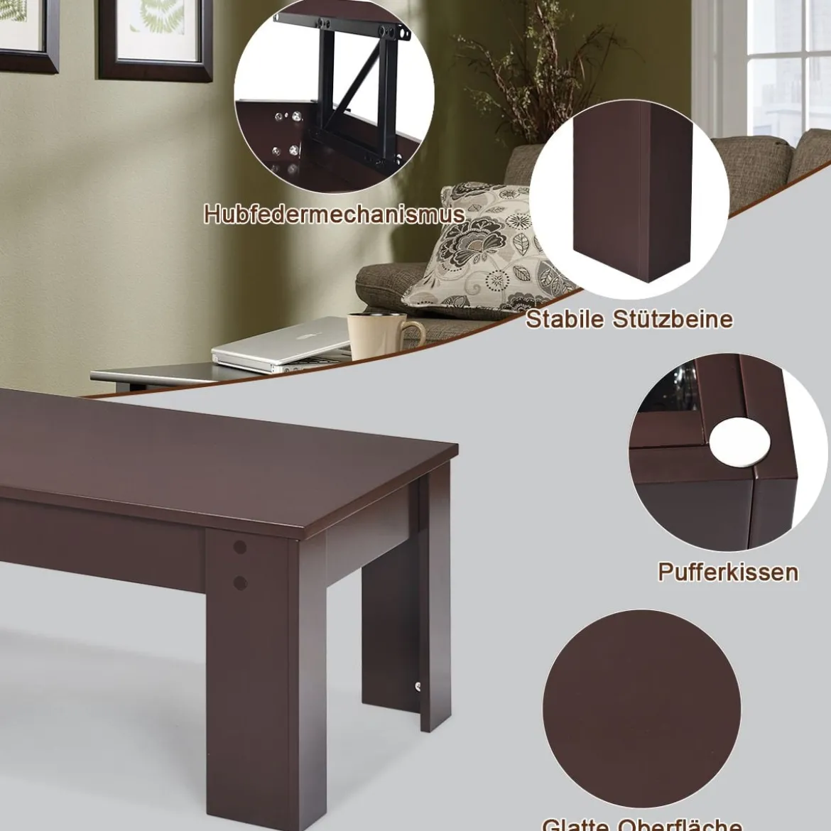 Couchtisch mit erhöhter Tischplatte Cocktailtisch mit Hubtischplatte 98 x 50 x 42 - 55 cm Braun